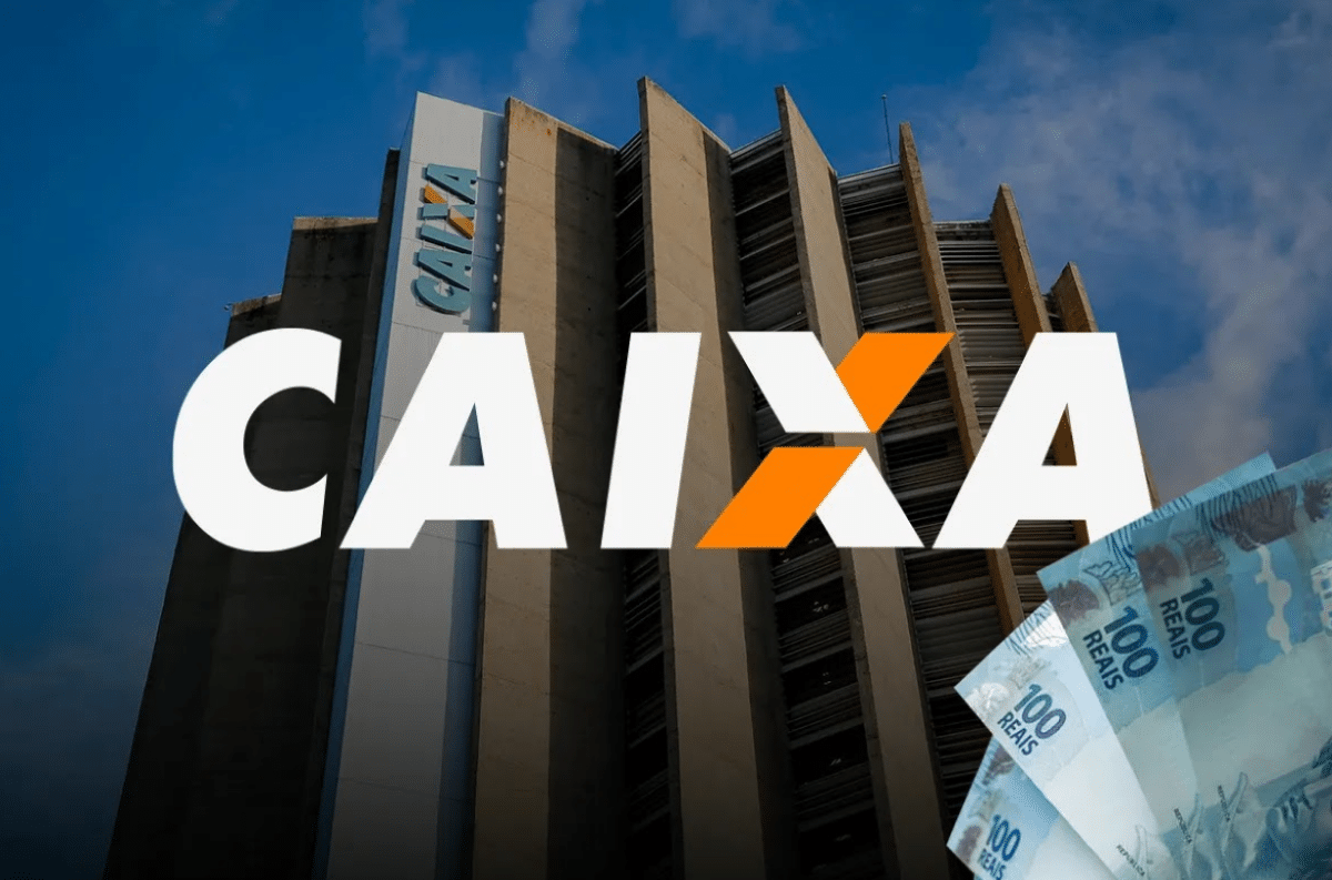 Fachada da Caixa Econômica Federal com cédulas de dinheiro