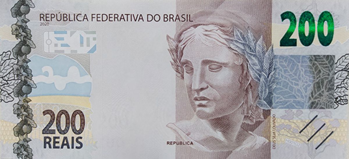 Anverso da cédula de 200 reais com a imagem do lobo-guará, o valor "200 REAIS" e a frase "REPÚBLICA FEDERATIVA DO BRASIL", em alta resolução.