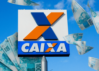 Logo da Caixa Econômica Federal com cédulas de cem reais representando pagamento via Pix