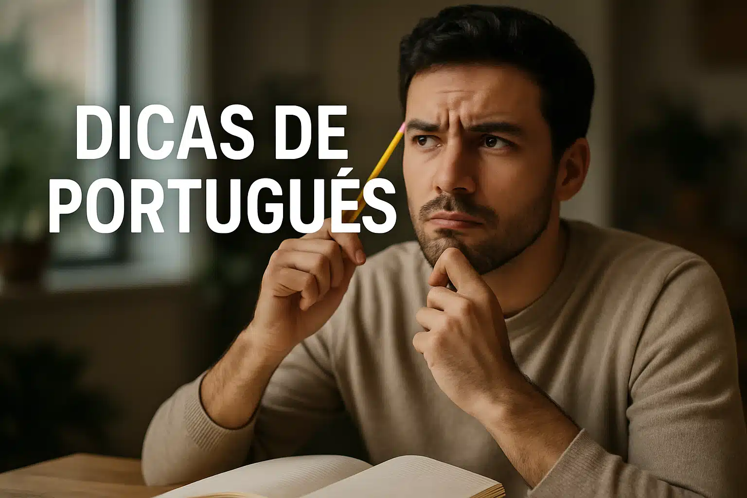 Dicas de Português: Aprimore seu conhecimento Homem pensativo segurando um lápis ao lado da cabeça com o texto 'Dicas de Português'