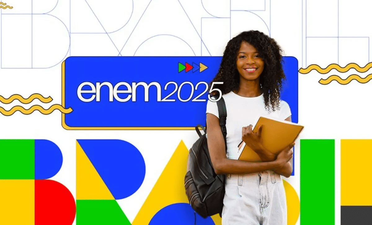 Estudante jovem com mochila e caderno preparada para Enem 2025 com design gráfico Brasil colorido