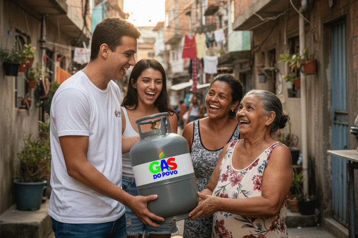 Família sorridente recebendo botijão de gás do 'Gás do Povo' em Ipiaú, Bahia, representando o programa de auxílio.