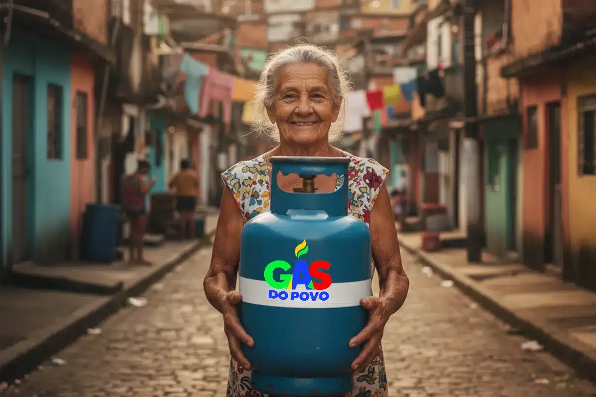 Início do Gás do Povo: Uma nova fase para as famílias brasileiras Mulher idosa segurando botijão de gás com o logo do Gás do Povo, em um cenário urbano.