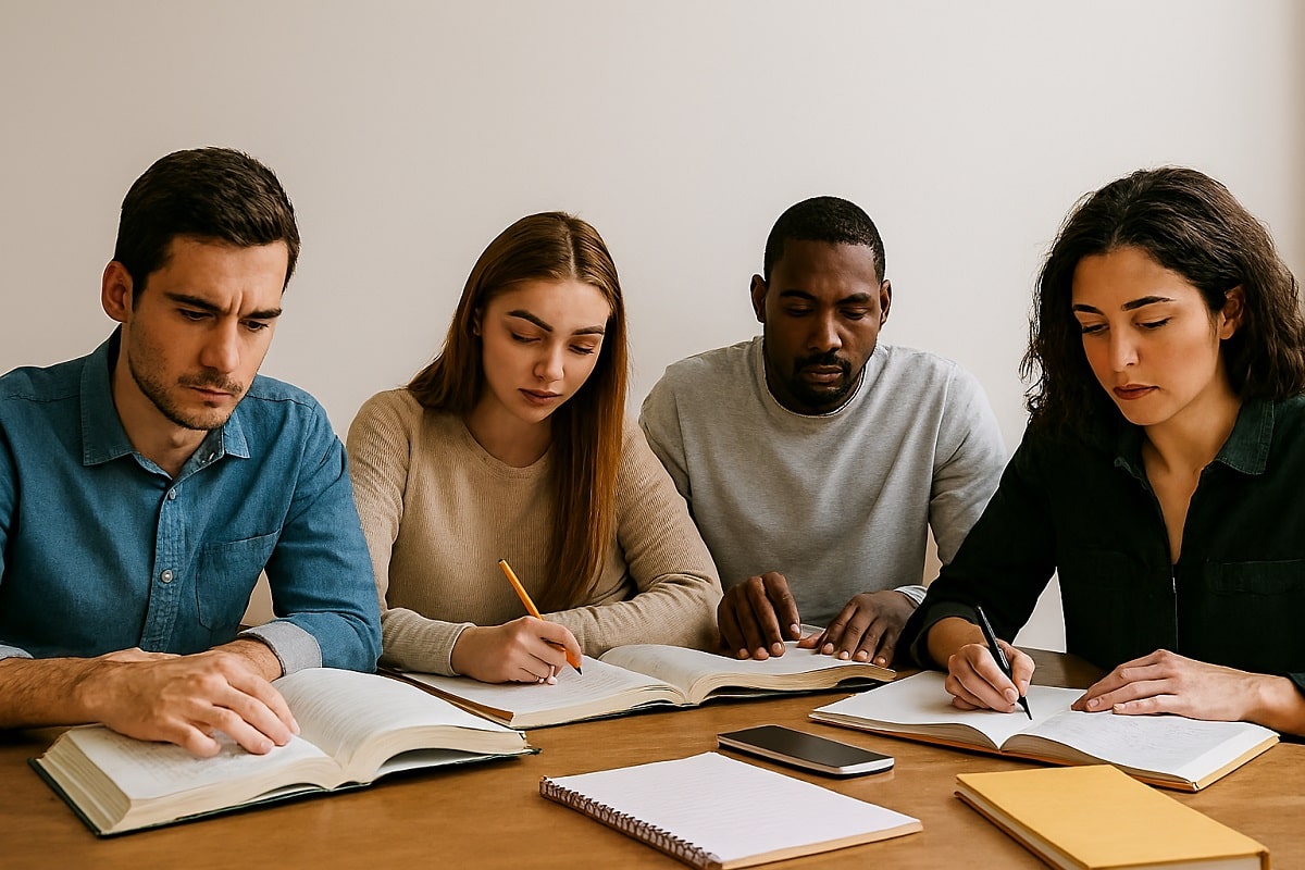 uatro jovens concentrados estudando em uma mesa com livros e cadernos.