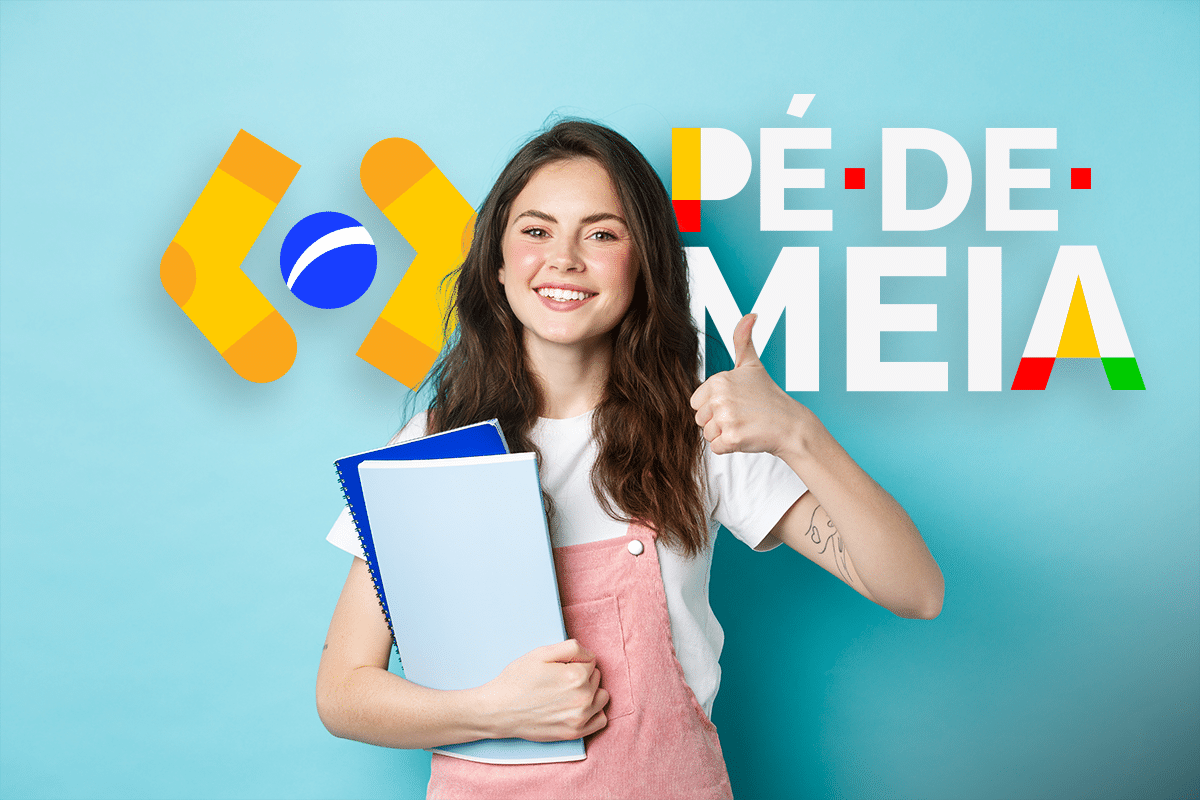 Calendário de pagamentos do Pé-de-Meia R$ 1.000 Jovem sorridente com cadernos fazendo sinal positivo e logo Pé-de-Meia colorido em fundo azul