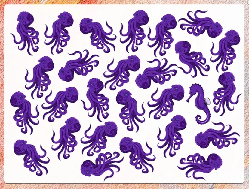 Identifique o cavalo-marinho que se destaca entre muitos polvos Desafio visual com vários polvos roxos e um cavalo-marinho no meio em fundo branco