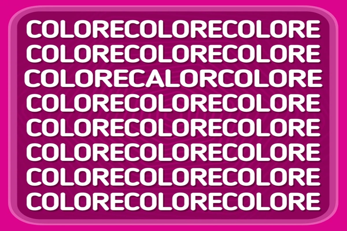 Descubra uma palavra diferente. Desafio visual com uma caixa roxa com texto branco repetido 'COLORE' formando padrão visual