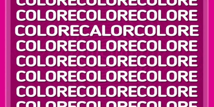 Desafio visual com uma caixa roxa com texto branco repetido 'COLORE' formando padrão visual