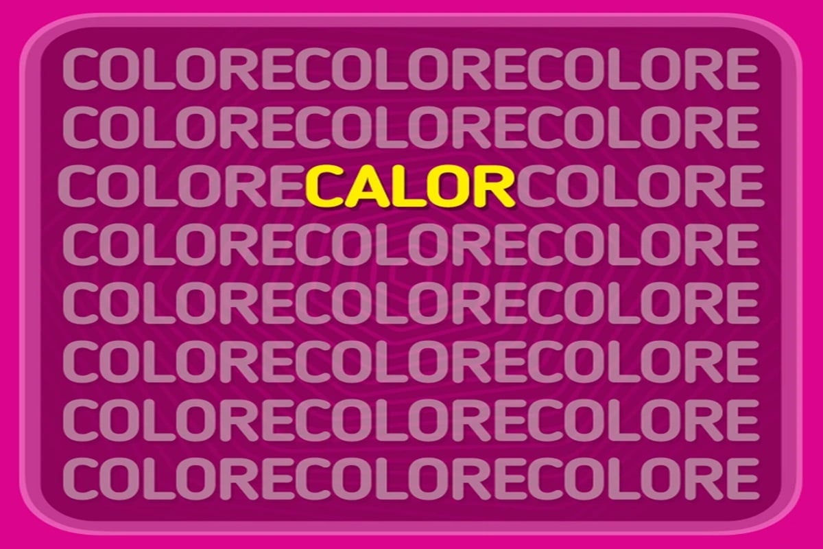 Encontre uma palavra distinta nesta imagem com fundo roxo e texto branco repetido. Desafio visual com uma caixa roxa com texto branco repetido 'COLORE' formando padrão visual