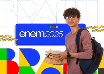 Estudante jovem sorrindo com mochila e livros, pronto para o Enem 2025, destacando a preparação para a área de Linguagens.