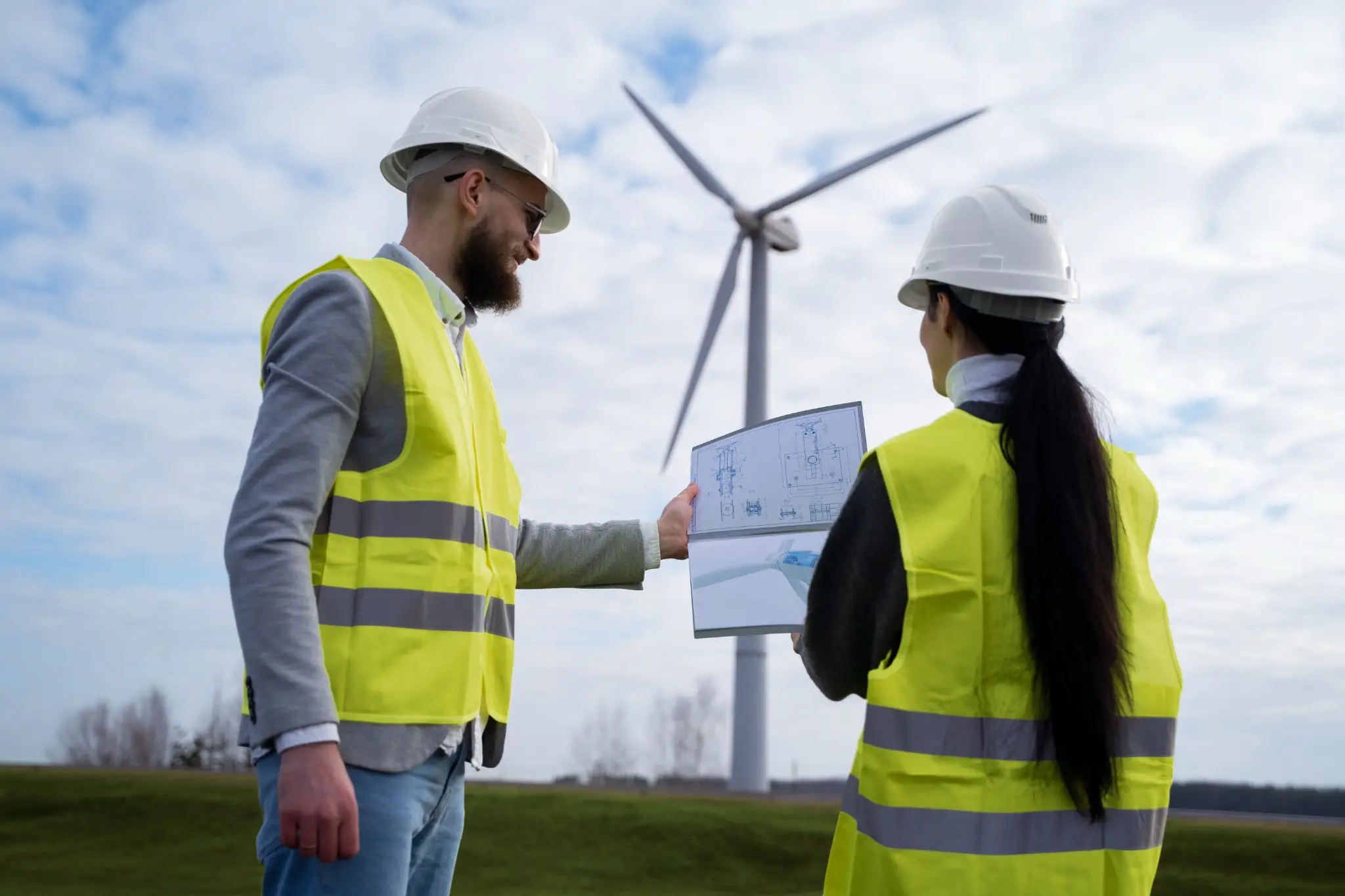 Engenheiro ambiental e soluções para o futuro sustentável Engenheiros ambientais analisando projeto sustentável em parque eólico