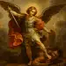 Anjo com espada e escudo pisa sobre figura caída.