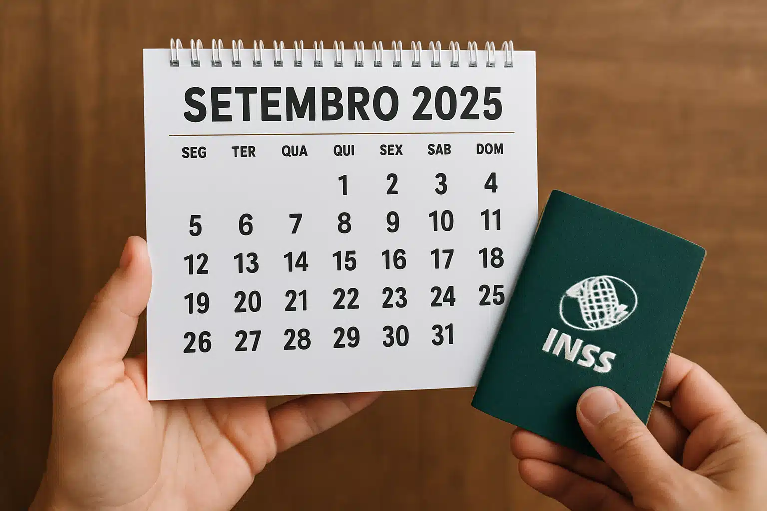 Calendário de setembro de 2025 ao lado de uma carteira do INSS.