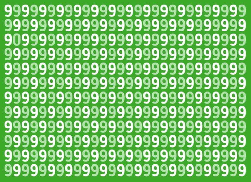 Desafio visual para encontrar o número 0 escondido entre diversos números 9. Teste visual com muitos números 9 em branco sobre fundo verde, com um número 0 escondido entre eles
