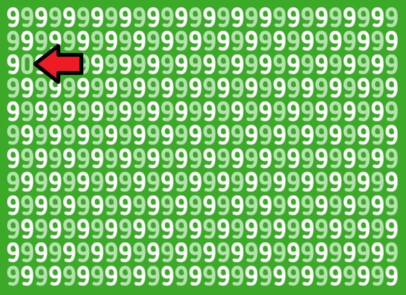 Encontre o número 0 na imagem verde com números 9 Teste visual com muitos números 9 em branco sobre fundo verde, com um número 0 escondido entre eles