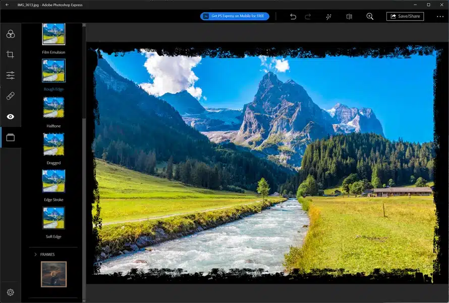 Photoshop: Edição de Imagens Acessível para Todos no Brasil Interface do Adobe Photoshop Express, mostrando um fluxo de edição de imagem para uma paisagem alpina, destacando a acessibilidade ao Photoshop e o design digital para iniciantes.