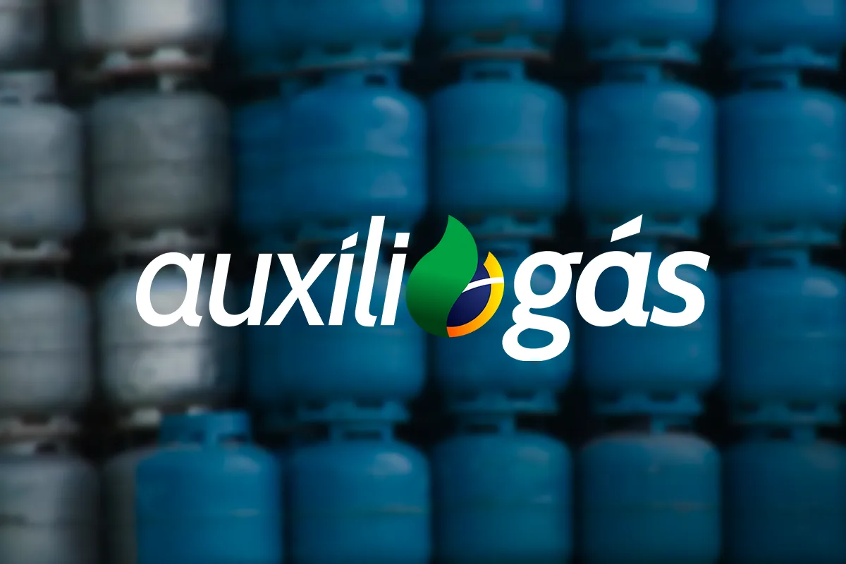 Auxílio Gás: Benefício para Compra de Botijões de Gás Logo Auxílio Gás com botijões de gás azul ao fundo desfocado