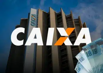 Sede da Caixa Econômica Federal com logo institucional e cédulas de cem reais representando pagamento especial