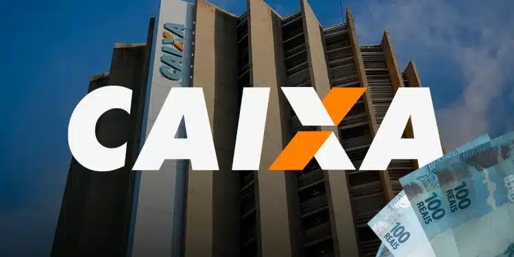 Edifício sede da CAIXA com cédulas de 100 reais representando saque disponível
