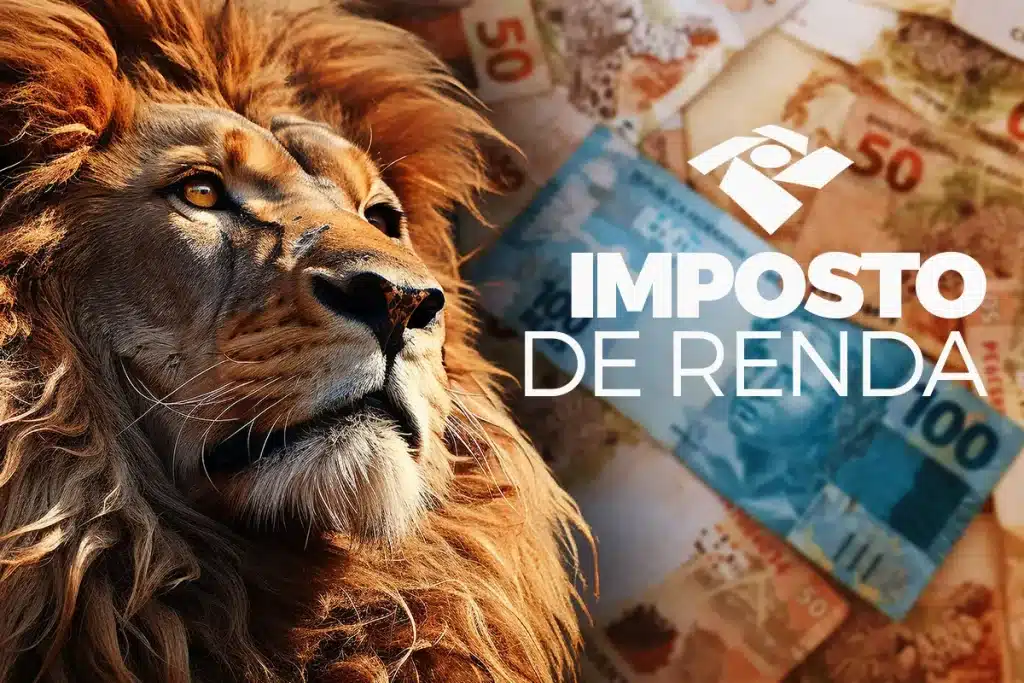 Mudanças no Imposto de Renda. Leão simbolizando o Imposto de Renda, com notas de R$ 50 e R$ 100 ao fundo, ilustrando as mudanças nas faixas de tributação.
