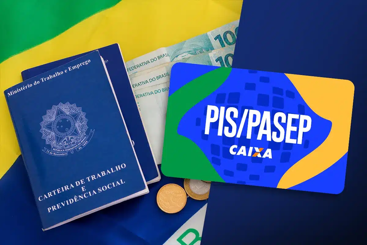 Regras de Elegibilidade do PIS/PASEP 2025: Quem trabalhou em 2023 pode receber Cartão PIS/PASEP da Caixa, Carteira de Trabalho e notas de R$ 100 com a bandeira do Brasil ao fundo, representando as regras de elegibilidade do Abono Salarial.
