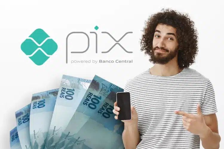 Pix automático: facilidades para empresas e consumidores Imagem representando o Pix Automático, com uma pessoa segurando um celular e cédulas de 100 reais ao fundo.