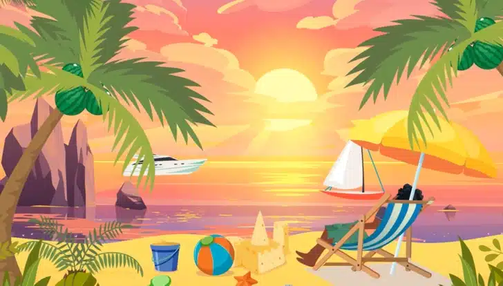 Descubra qual o erro presente na cena de praia tropical ao pôr do sol. Desafio visual com uma praia tropical ao pôr do sol com cadeira, guarda-sol amarelo, castelo de areia e brinquedos coloridos