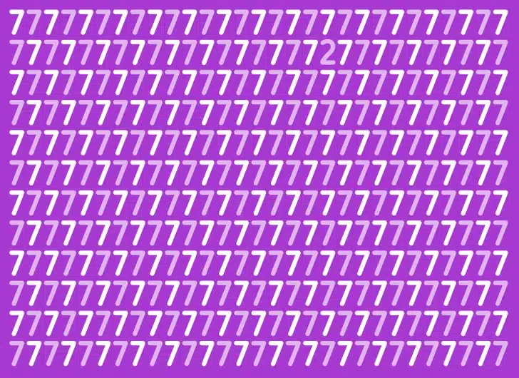 Encontre o número 2 escondido entre vários números 7 em um fundo roxo. Desafio visual com vários números 7 brancos e um número 2 escondido entre eles