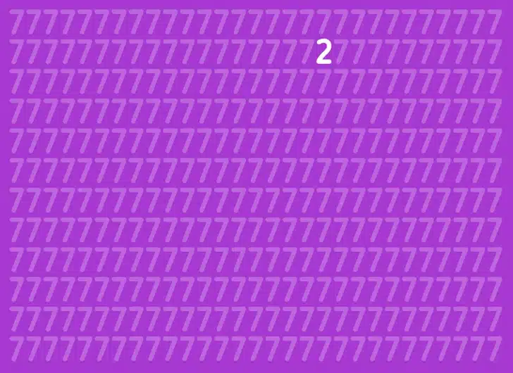 Desafio visual com o número 2 escondido Desafio visual com vários números 7 brancos e um número 2 escondido entre eles