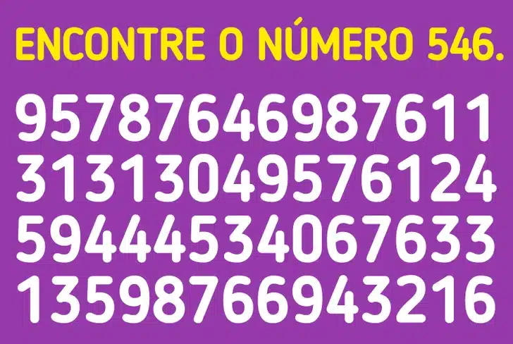 Teste sua atenção tentando localizar o número 546 nesta imagem. Desafio visual para encontrar o número 546 entre diversas sequências numéricas em fundo roxo