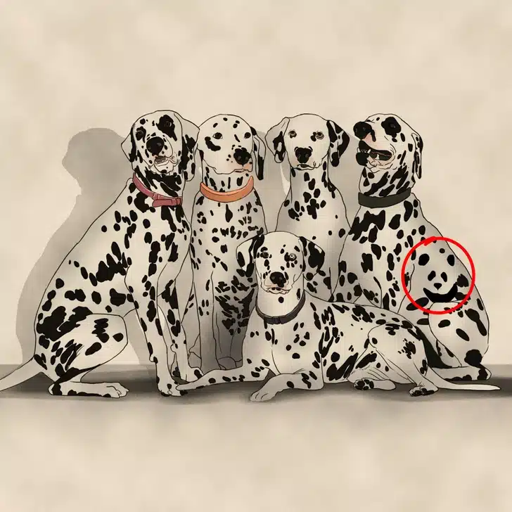 Encontre o panda entre o grupo de dálmata com coleiras coloridas Desafio visual com cinco cães da raça dálmata com manchas pretas sobre pelagem branca, sentados juntos com coleiras coloridas