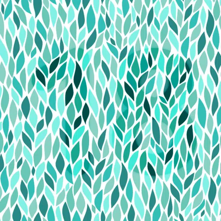 Identifique o número escondido neste design artístico com folhas em tons de azul e verde. Ilusão de ótica em um padrão abstrato com folhas azuis e verdes entrelaçadas sobre fundo branco