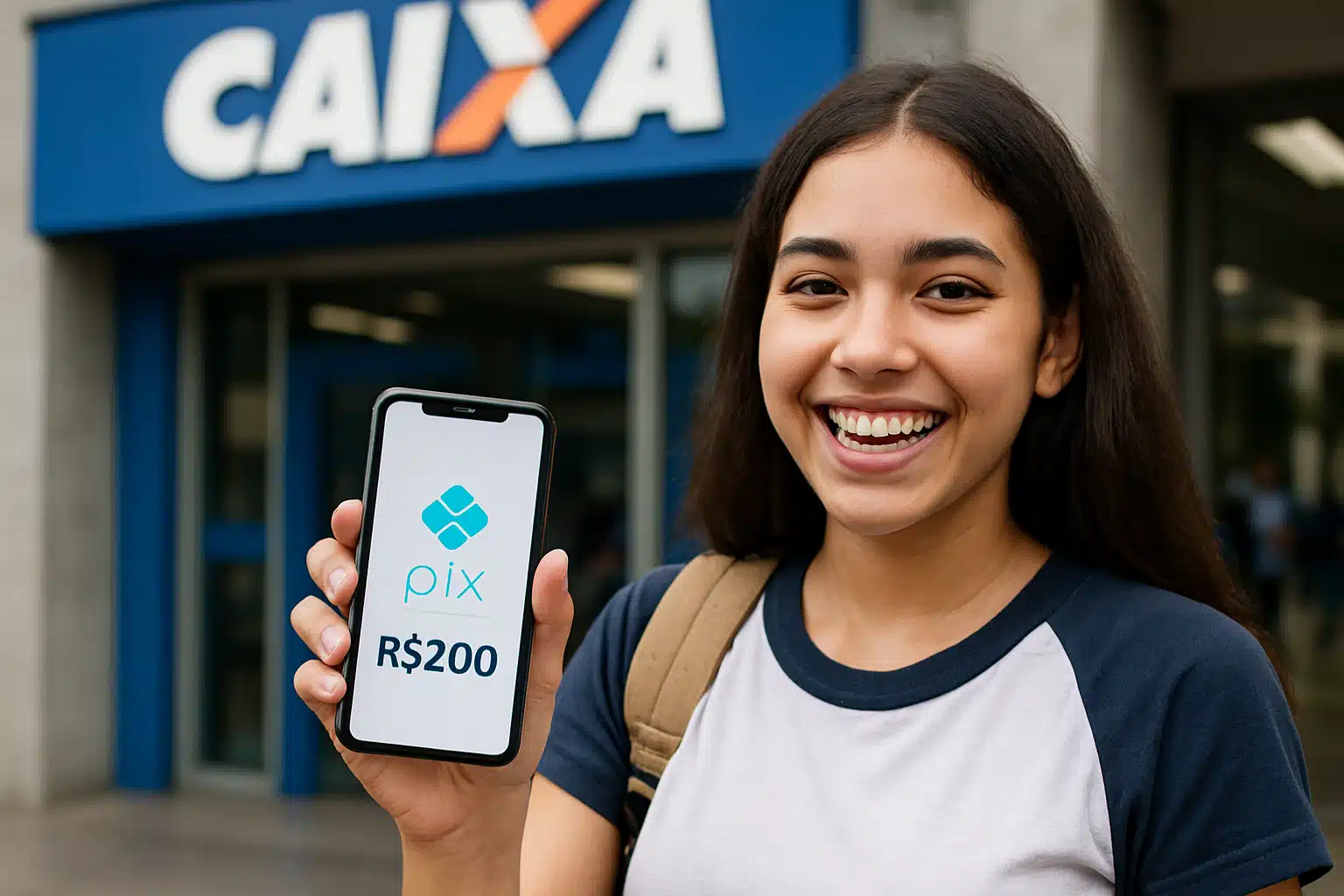 pix de Jovem sorridente mostrando celular com imagem do Pix e valor de R$200 na frente da Caixa Econômica.
