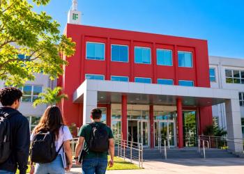 Imagem ilustrativa de três estudantes de costas, com mochilas e cadernos, caminhando em direção à entrada de um prédio de instituto federal, em referência ao processo seletivo do IFRS