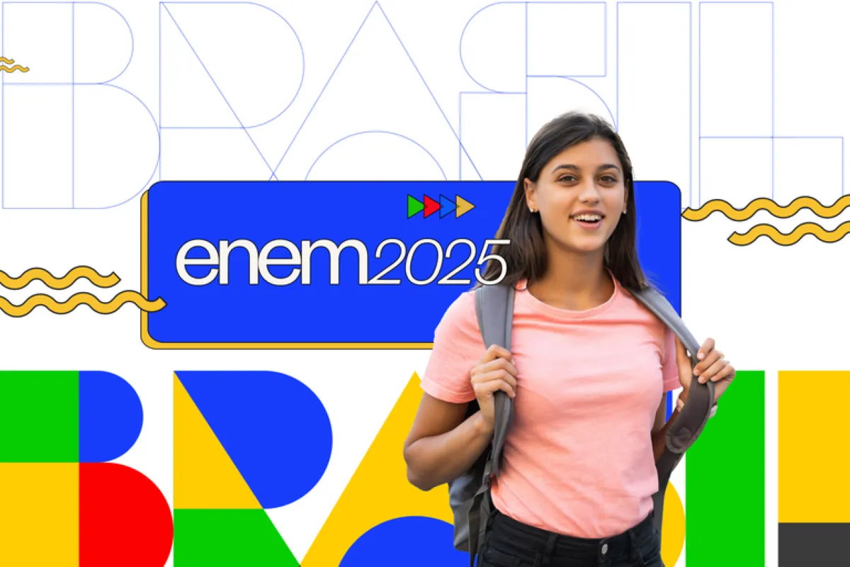 Estratégia de Chutes no Enem 2025: Maximizando sua Nota e Evitando a Redução pela TRI Estudante sorridente com mochila em frente ao logo Enem 2025 e elementos gráficos, ilustrando a preparação e estratégias de prova como a gestão de chutes no exame
