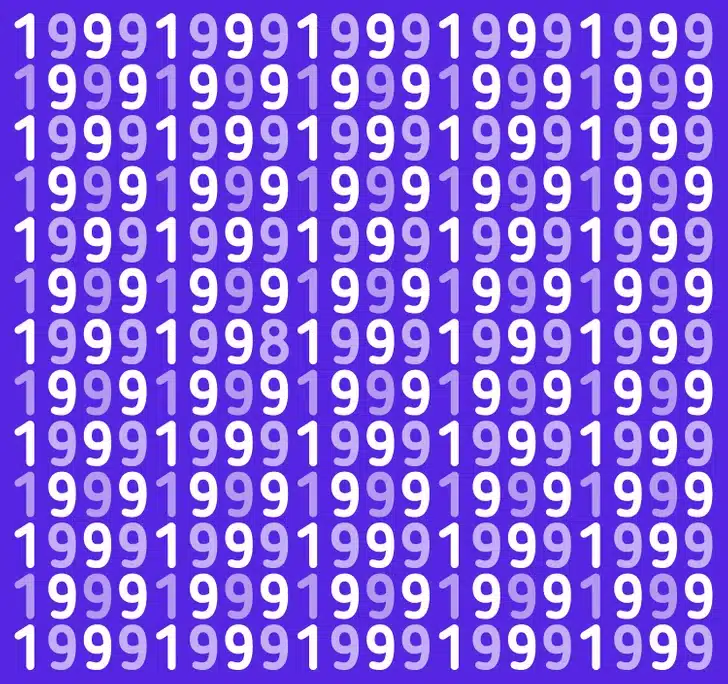 Desafio visual para encontrar o número 1998 escondido entre vários números 1999. Teste de QI com vários números 1999 em branco e lilás sobre fundo azu.