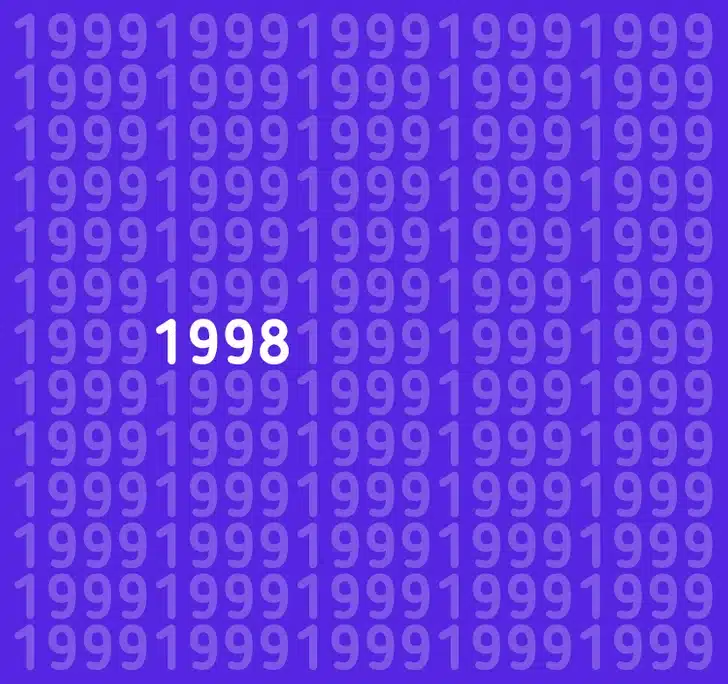 Encontre o número 1998 entre os números 1999 Teste de QI com vários números 1999 em branco e lilás sobre fundo azu.