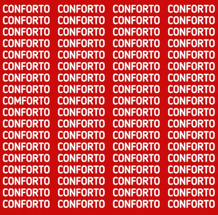 Descubra qual é a palavra errada na repetição da palavra conforto. Teste visual com fundo vermelho cheio de múltiplas repetições da palavra conforto em letras maiúsculas brancas