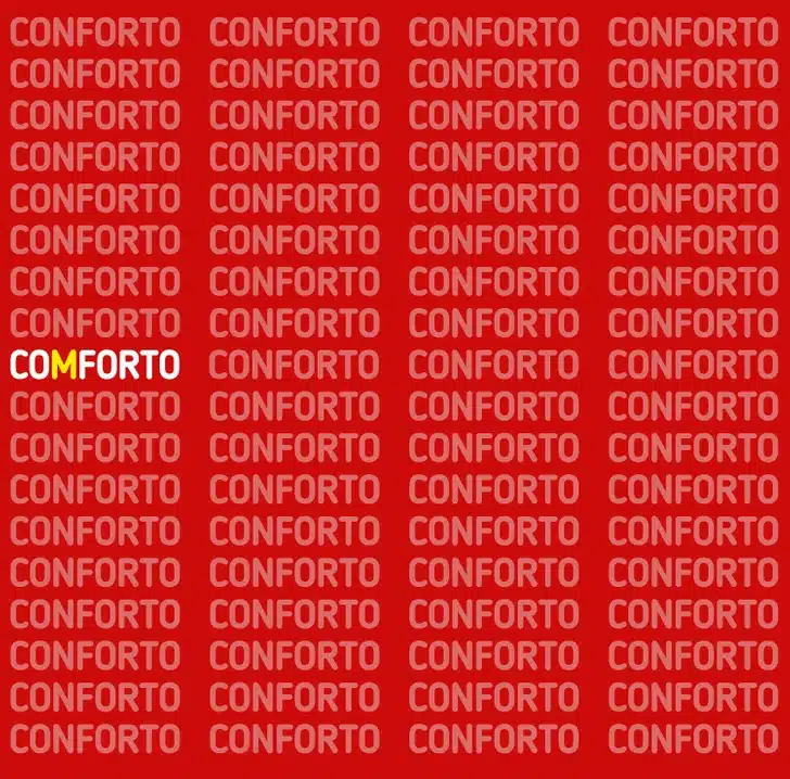 Encontre a palavra errada nesta imagem com fundo vermelho e texto branco "Conforto" repetido Teste visual com fundo vermelho cheio de múltiplas repetições da palavra conforto em letras maiúsculas brancas
