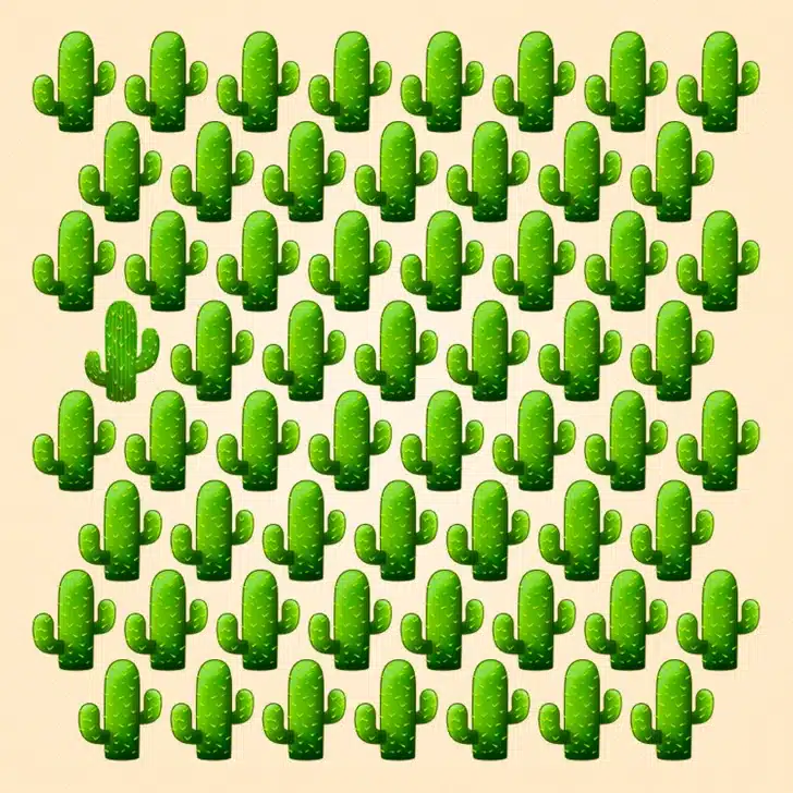 Descubra qual é o cacto diferente neste padrão repetitivo de cactos verdes sobre fundo bege. Teste visual com vários cactos verdes organizados em padrão sobre fundo bege claro.