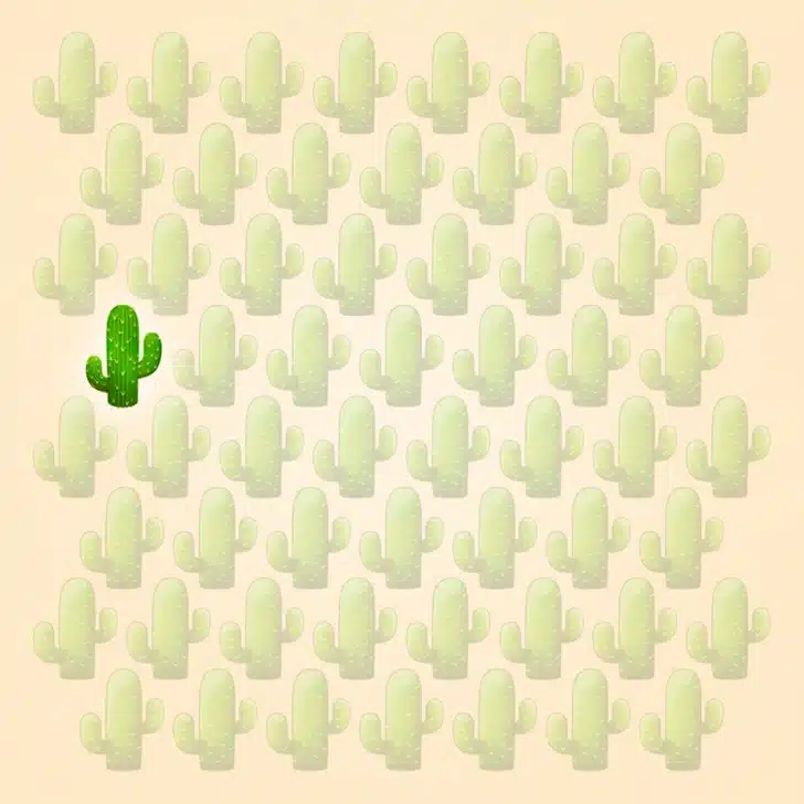 Encontre o cacto diferente neste padrão de cactos verdes em fundo bege Teste visual com vários cactos verdes organizados em padrão sobre fundo bege claro.