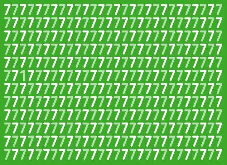Um desafio visual que propõe encontrar o número 1 escondido entre vários números 7 em diferentes tons de verde. Teste visual com vários números 7 verdes e um número 1 escondido entre eles