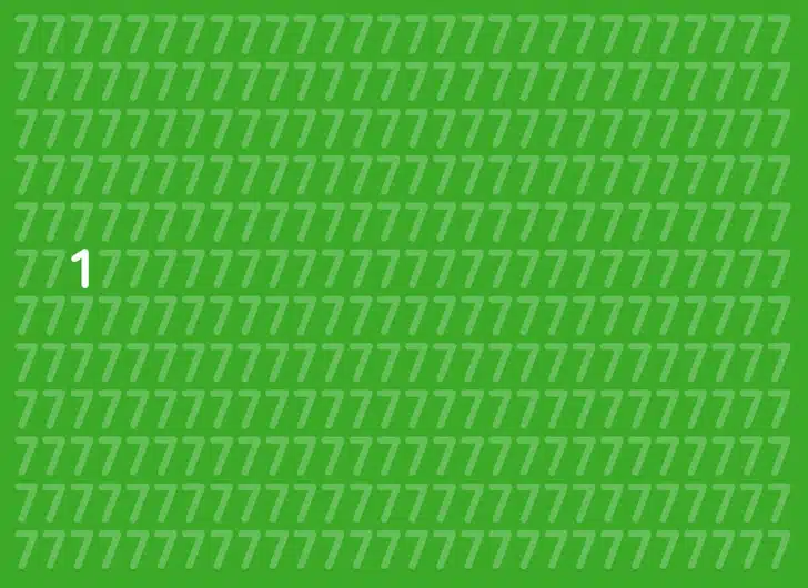 Encontre o número 1 entre os números 7 verdes Teste visual com vários números 7 verdes e um número 1 escondido entre eles