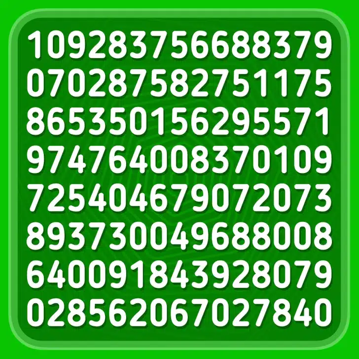 Ache o número 750 na sequência de números em um fundo verde. Teste visual com sequência de números brancos em fonte arredondada sobre fundo verde com borda arredondada.