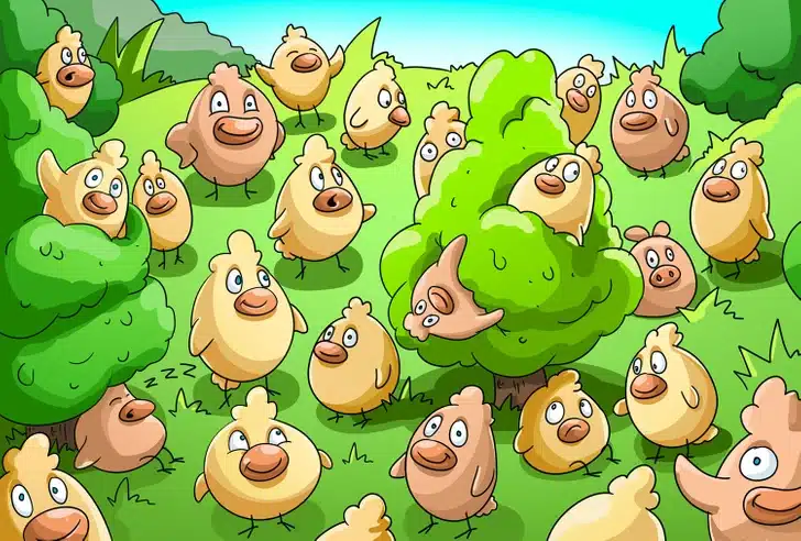 Ache o porquinho escondido entre os pássaros em um cenário colorido. Teste visual com um grupo de pássaros animados amarelos e marrons em um jardim cheio de árvores e arbustos verdes