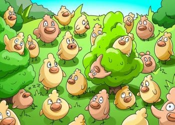 Teste visual com um grupo de pássaros animados amarelos e marrons em um jardim cheio de árvores e arbustos verdes