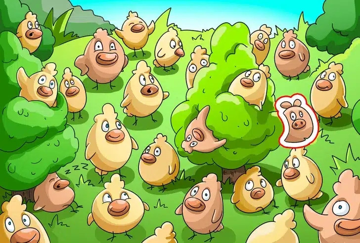 Encontre o porquinho entre os pássaros em um jardim verde Teste visual com um grupo de pássaros animados amarelos e marrons em um jardim cheio de árvores e arbustos verdes