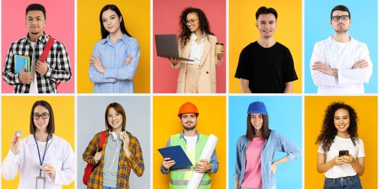 Dez jovens de diferentes profissões em fundo colorido, com roupas e acessórios que indicam suas ocupações variadas.