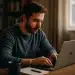 Homem concentrado digitando em laptop Apple em mesa de madeira com café e caderno