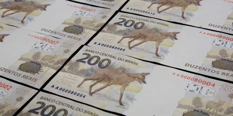Lote de cédulas de R$ 200 (Lobo-Guará), mostrando de perto a série "AA" e a numeração, indicando que se trata de uma peça valiosa e procurada por colecionadores de numismática.